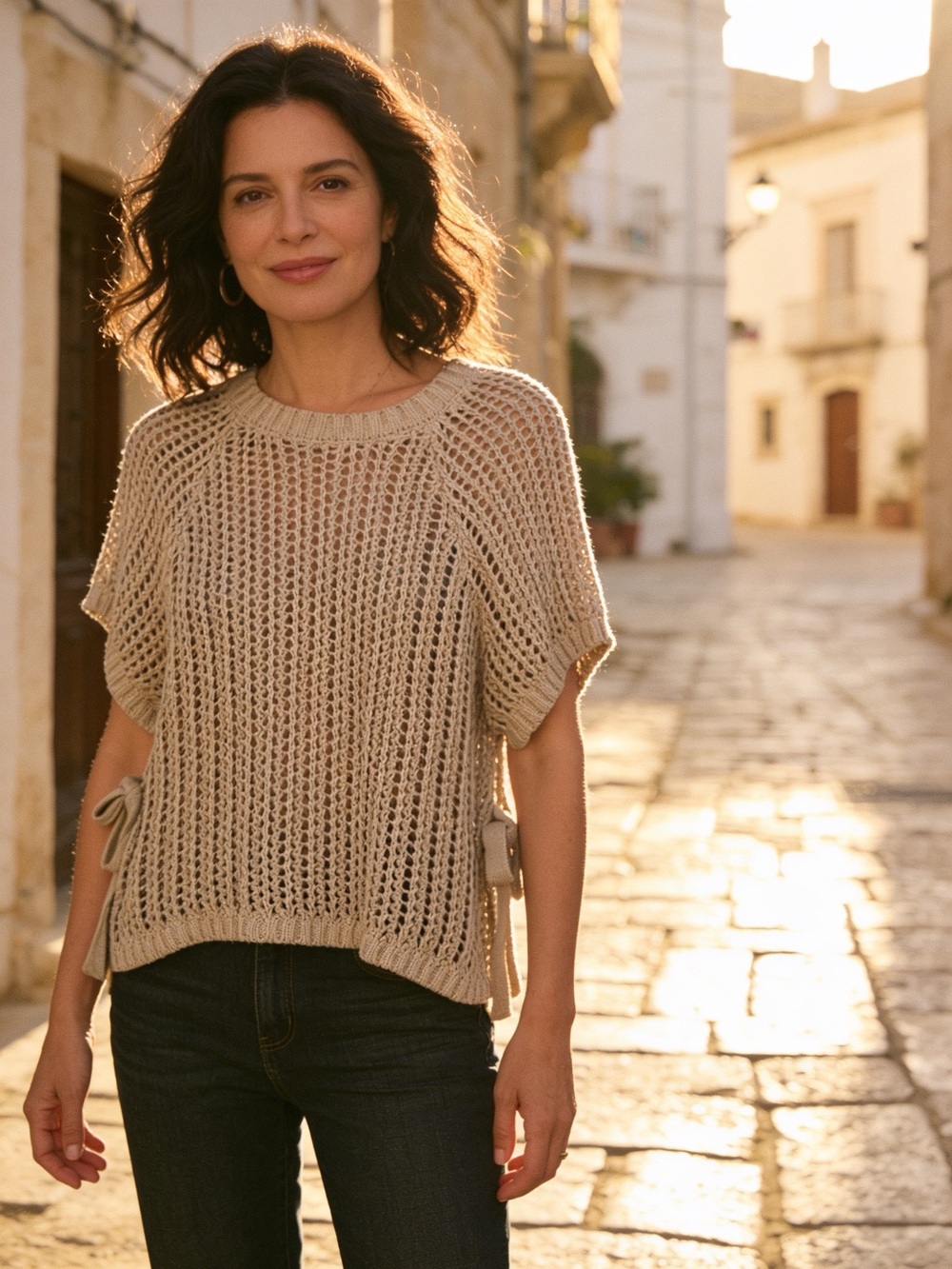 indigo soul Beige Open-Knit Short-Sleeve Sweater with Side Ties, Coastal, Old $$